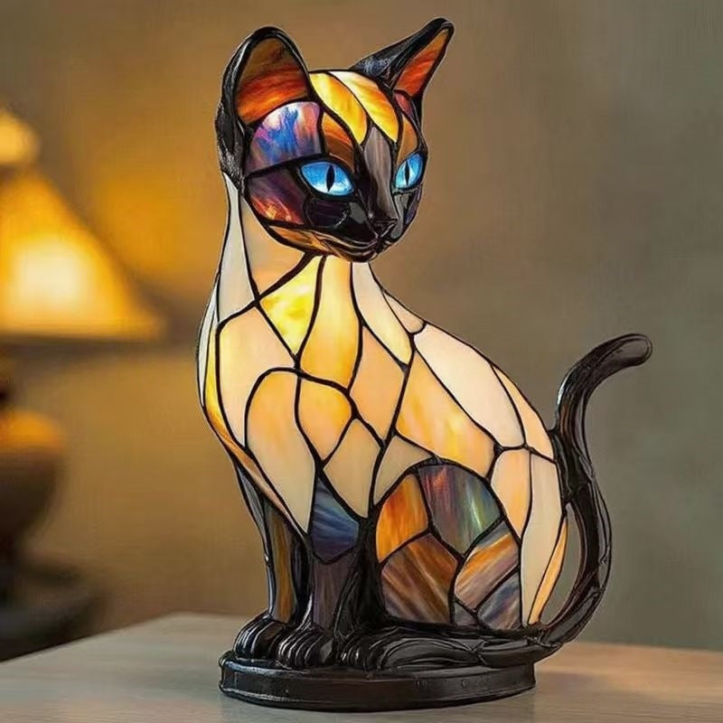 Stained Glass Style Pet Table Lamp - Vintage Resin Dog & Cat Night Light, Cozy Bedroom Decor & Memorial Animal Gift
