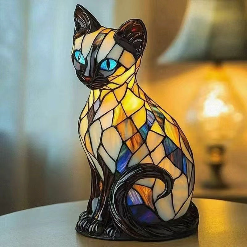 Stained Glass Style Pet Table Lamp - Vintage Resin Dog & Cat Night Light, Cozy Bedroom Decor & Memorial Animal Gift