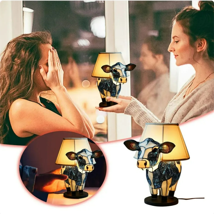 Vintage Floral Cow Table Lamp | USB Resin Animal Bedside Night Light for Bedroom & Living Room Decor