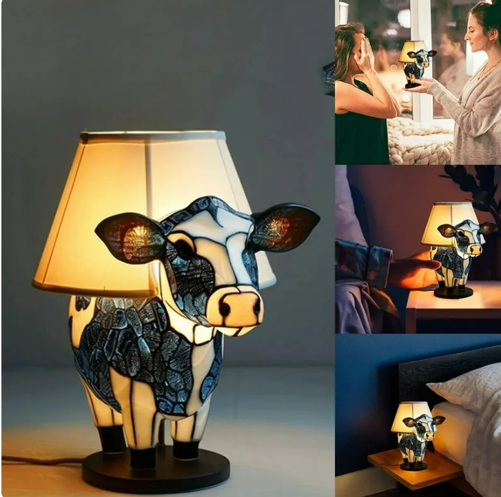 Vintage Floral Cow Table Lamp | USB Resin Animal Bedside Night Light for Bedroom & Living Room Decor