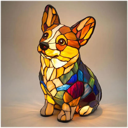 Stained Glass Style Pet Table Lamp - Vintage Resin Dog & Cat Night Light, Cozy Bedroom Decor & Memorial Animal Gift