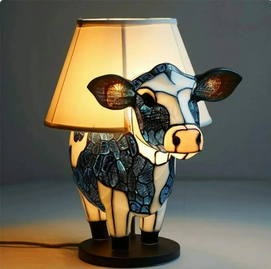 Vintage Floral Cow Table Lamp | USB Resin Animal Bedside Night Light for Bedroom & Living Room Decor