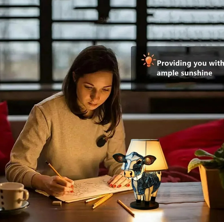 Vintage Floral Cow Table Lamp | USB Resin Animal Bedside Night Light for Bedroom & Living Room Decor