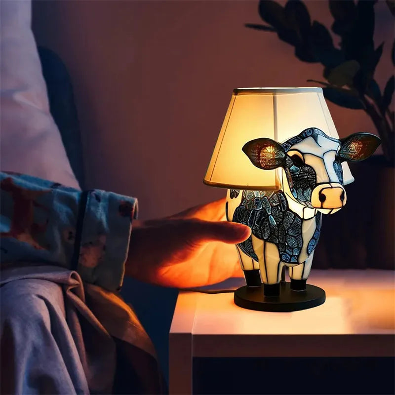 Vintage Floral Cow Table Lamp | USB Resin Animal Bedside Night Light for Bedroom & Living Room Decor
