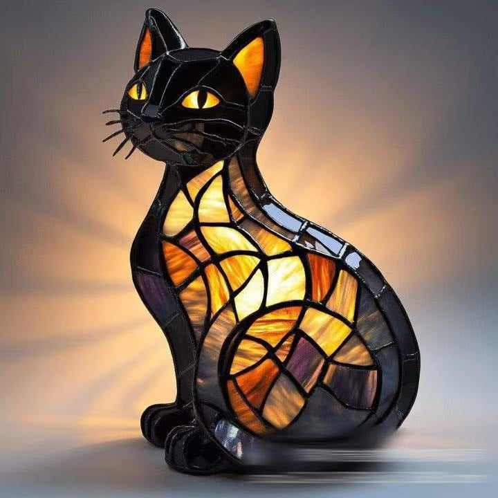 Stained Glass Style Pet Table Lamp - Vintage Resin Dog & Cat Night Light, Cozy Bedroom Decor & Memorial Animal Gift