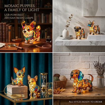 Stained Glass Style Pet Table Lamp - Vintage Resin Dog & Cat Night Light, Cozy Bedroom Decor & Memorial Animal Gift
