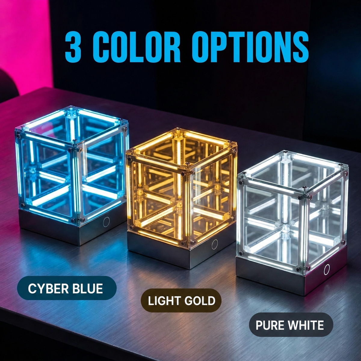 Tesseract Infinity Mirror Lamp - Cyberpunk LED Ambient Light for Gaming Setup, Rechargeable Hypercube Night Light, Futuristic Desk Decor