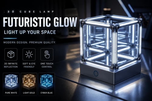 Tesseract Infinity Mirror Lamp - Cyberpunk LED Ambient Light for Gaming Setup, Rechargeable Hypercube Night Light, Futuristic Desk Decor