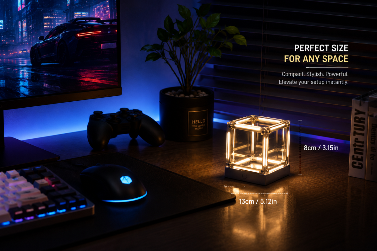 Tesseract Infinity Mirror Lamp - Cyberpunk LED Ambient Light for Gaming Setup, Rechargeable Hypercube Night Light, Futuristic Desk Decor