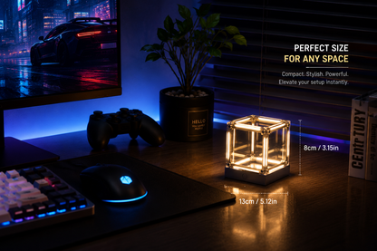 Tesseract Infinity Mirror Lamp - Cyberpunk LED Ambient Light for Gaming Setup, Rechargeable Hypercube Night Light, Futuristic Desk Decor