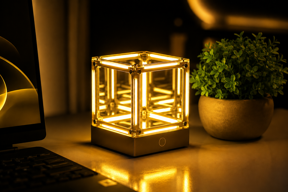 Tesseract Infinity Mirror Lamp - Cyberpunk LED Ambient Light for Gaming Setup, Rechargeable Hypercube Night Light, Futuristic Desk Decor