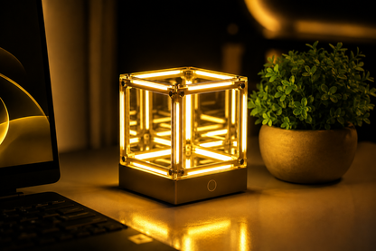 Tesseract Infinity Mirror Lamp - Cyberpunk LED Ambient Light for Gaming Setup, Rechargeable Hypercube Night Light, Futuristic Desk Decor