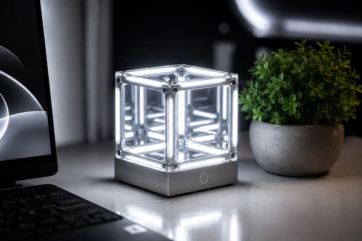 Tesseract Infinity Mirror Lamp - Cyberpunk LED Ambient Light for Gaming Setup, Rechargeable Hypercube Night Light, Futuristic Desk Decor