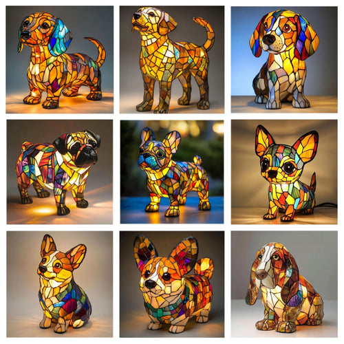 Stained Glass Style Pet Table Lamp - Vintage Resin Dog & Cat Night Light, Cozy Bedroom Decor & Memorial Animal Gift