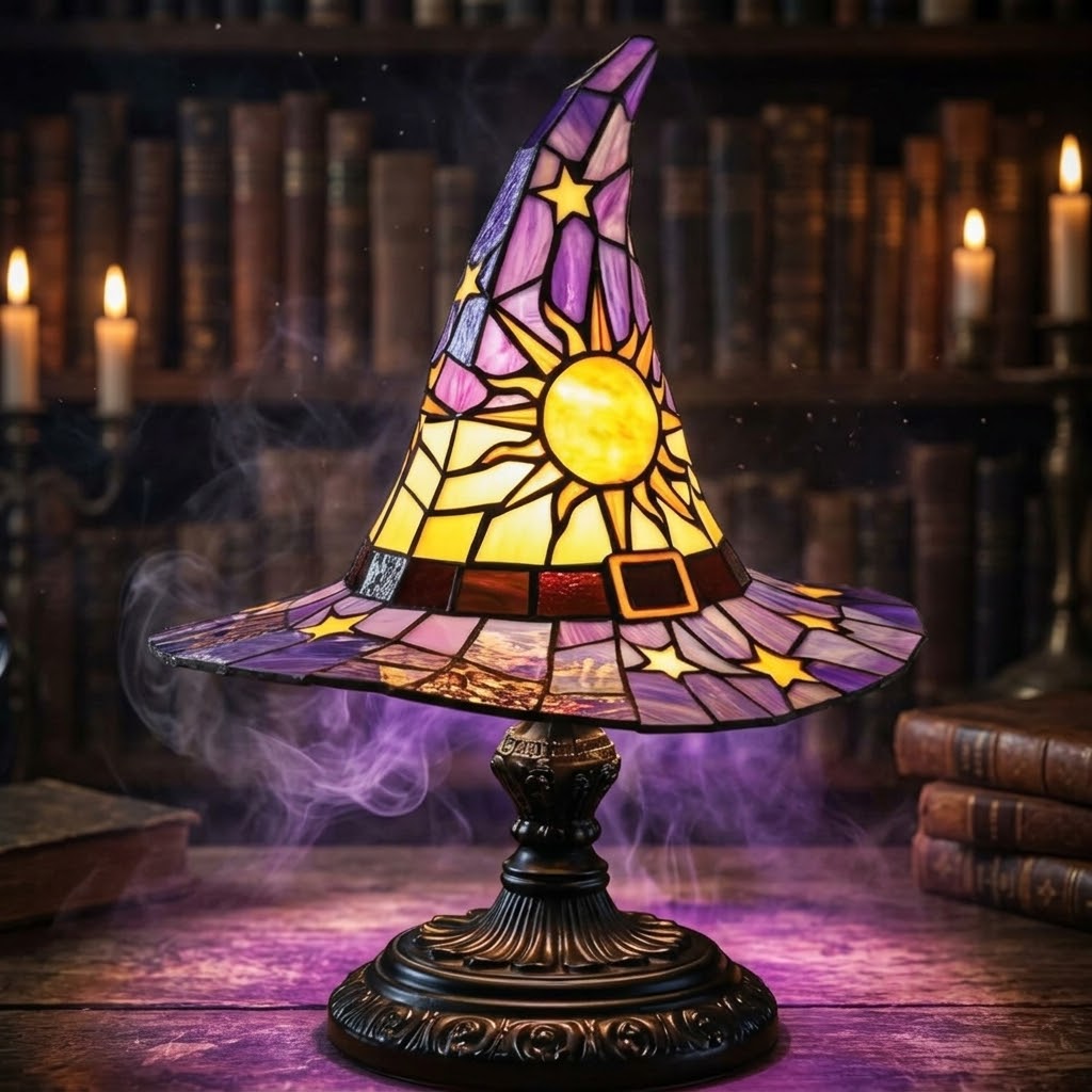 Vintage Resin Witch Hat Lamp - Gothic Halloween Night Light for Spooky Room Decor, Fantasy Desk Lamp & Quirky Aesthetic Gift
