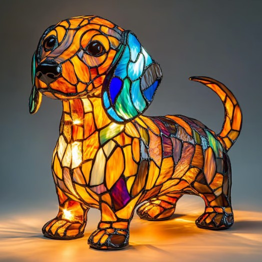 Stained Glass Style Pet Table Lamp - Vintage Resin Dog & Cat Night Light, Cozy Bedroom Decor & Memorial Animal Gift