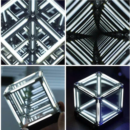 Tesseract Infinity Mirror Lamp - Cyberpunk LED Ambient Light for Gaming Setup, Rechargeable Hypercube Night Light, Futuristic Desk Decor