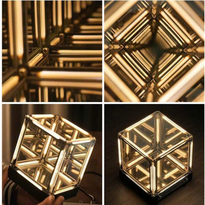 Tesseract Infinity Mirror Lamp - Cyberpunk LED Ambient Light for Gaming Setup, Rechargeable Hypercube Night Light, Futuristic Desk Decor